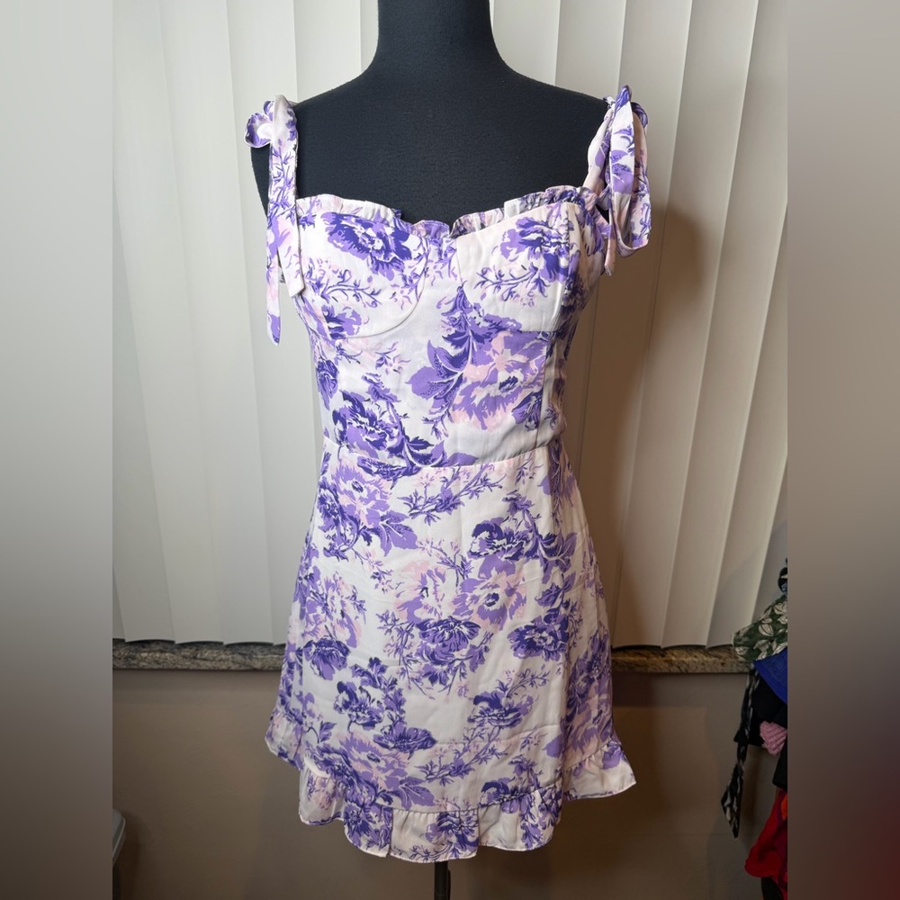 Aqua Floral Tie Shoulder Sweetheart Floral Lavender Ruffle Dress Size XL NEW